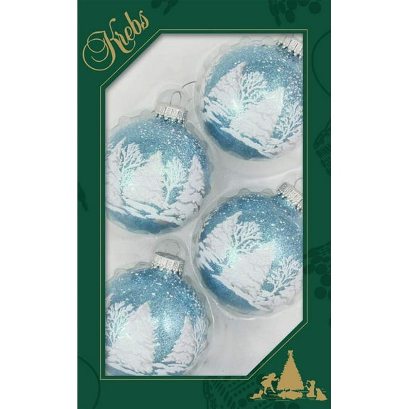 Glass Christmas Tree Ornaments - 67mm/2.63" [4 Pieces] Decorated Balls from Christmas by Krebs Seamless Hanging Holiday Decor (Light Blue Sparkle with Trees)