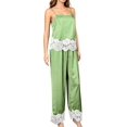 thumbnail image 3 of Women 2 Piece Lace Trim Top and Wide Leg Pants Set Casual Summer Lounge Outfit Green M, 3 of 10