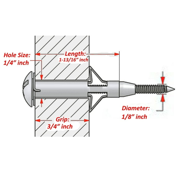 Wideskall® #6 - 1.81" inch Heavy Duty Zinc Plated Steel Hollow Drive Wall Anchors for 3/4" inch drywall board (Pack of 16)
