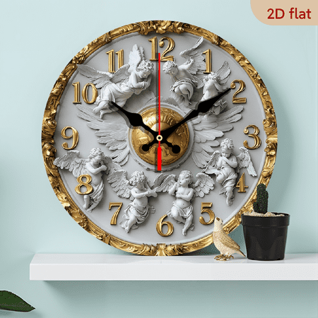 2D Flat 1pc 10Inch Angel-Themed Wooden Round Wall Clock - Elegant White Golden Design with Silent Operation, Easy to Read Numbers Hands, Perfect for Kitchen, Bedroom, Office Decor