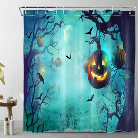 HVEST Halloween Pumpkin Shower Curtain for Bathroom Black Bat Crow and Moon on Scary Forest Bathroom Shower Curtains with Hooks, Spooky Bathroom Curtains Shower Set 72x78 inch