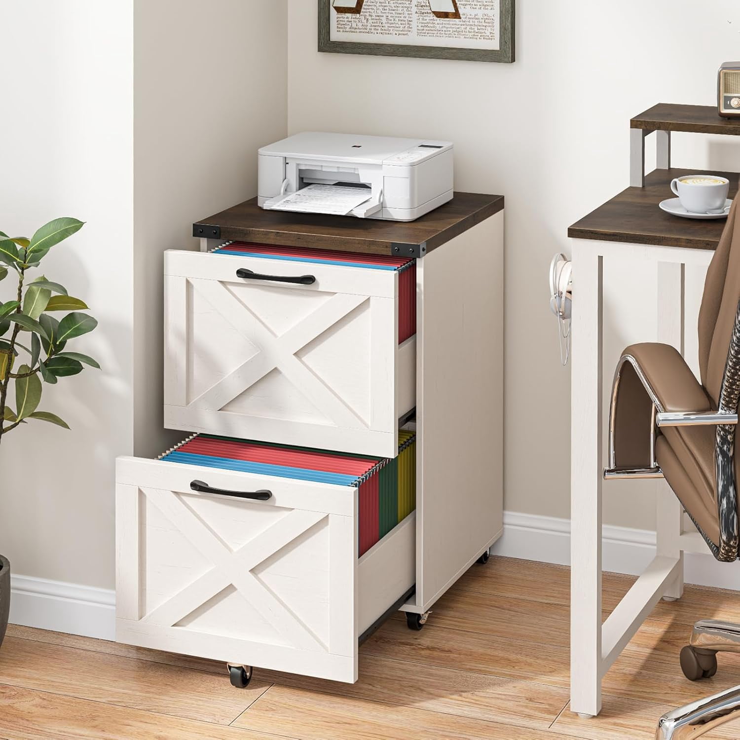 Conate 2 Drawer Rolling Wood File Cabinet with Lockable Wheels, Portable Vertical Filing Cabinet  for Home Office, Wooden Printer Stand