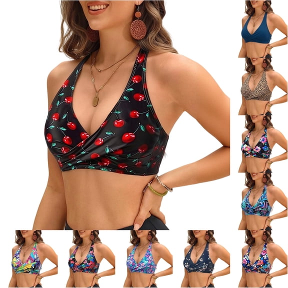 XIAONU Women's Twist Front Swim Top Halter V Neck Summer Beach Swim Bra