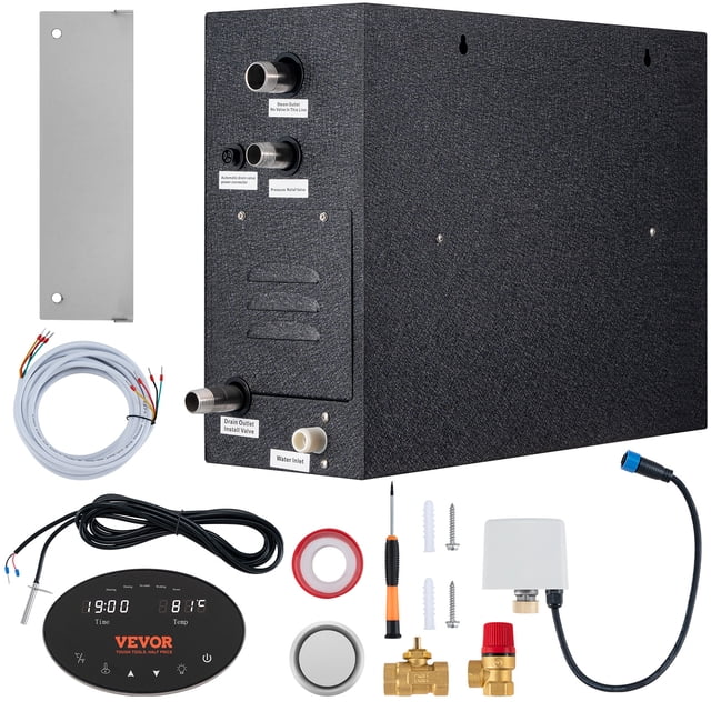 VEVOR 12KW Steam Shower Generator with segmented heating, customizable temperature settings, and a 24-hour timer. Features an automatic drainage system, smart touch controls, and energy-efficient heating elements. Includes comprehensive accessories such as a controller, connection line, safety valve, temperature sensor, electric valve, hanging board, steam nozzle, and installation instructions. Suitable for acrylic steam rooms up to 424 cubic feet, ideal for creating a relaxing home steam spa experience.