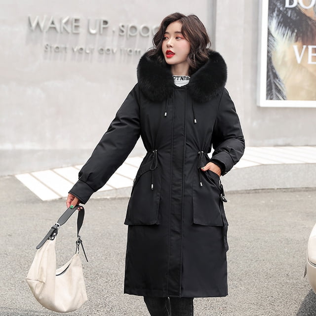 Ladies long down cotton winter warm jacket coat with detachable plush lining