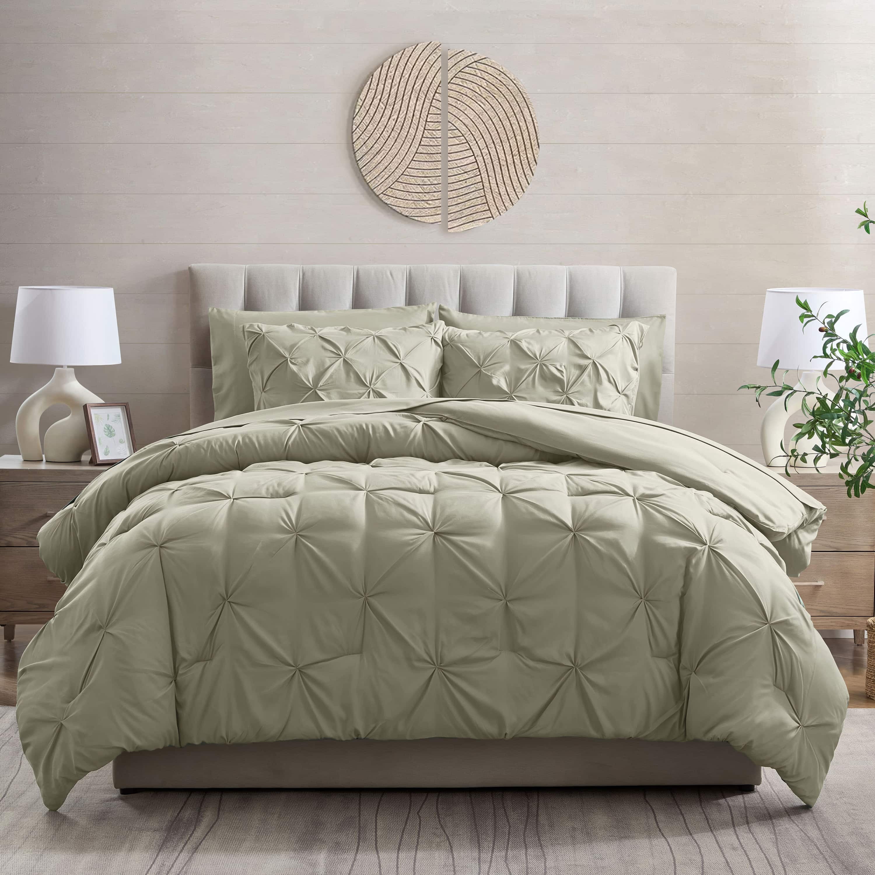 LammaLoe California King Size comforter Sets, 7 Piece Bed In A Bag Pintuck Bedding Sets, Light Sage