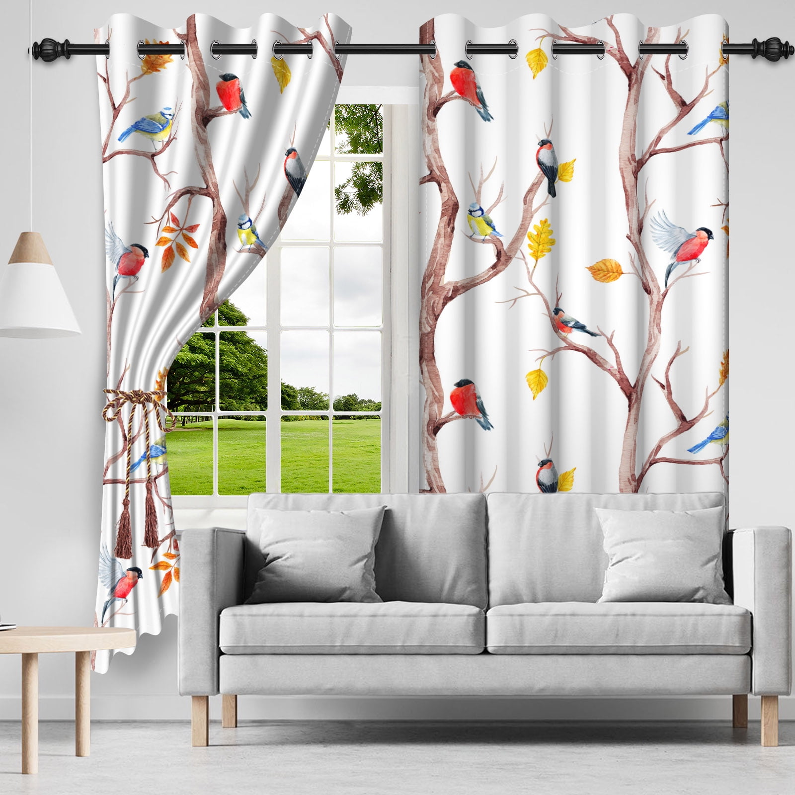 SUNOLIFE White Blackout Curtains 2 Panels 63 Inch Birds Darkening Window Curtains for Living Room Bedroom