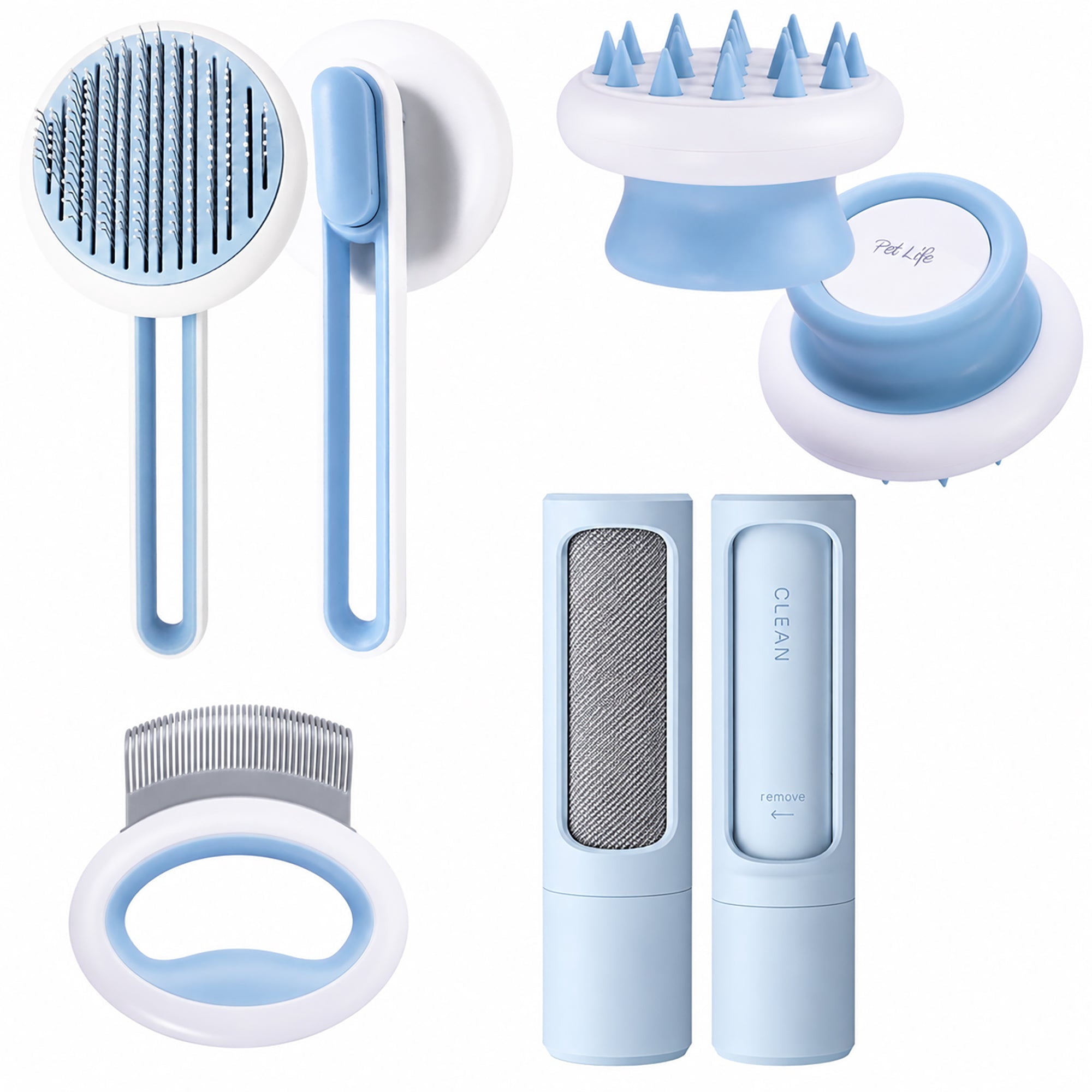 Pet Life ® 4-Piece Modern Premium Massage Slicker and Lint Brush and Deshedder Cat and Dog Grooming Set - Blue