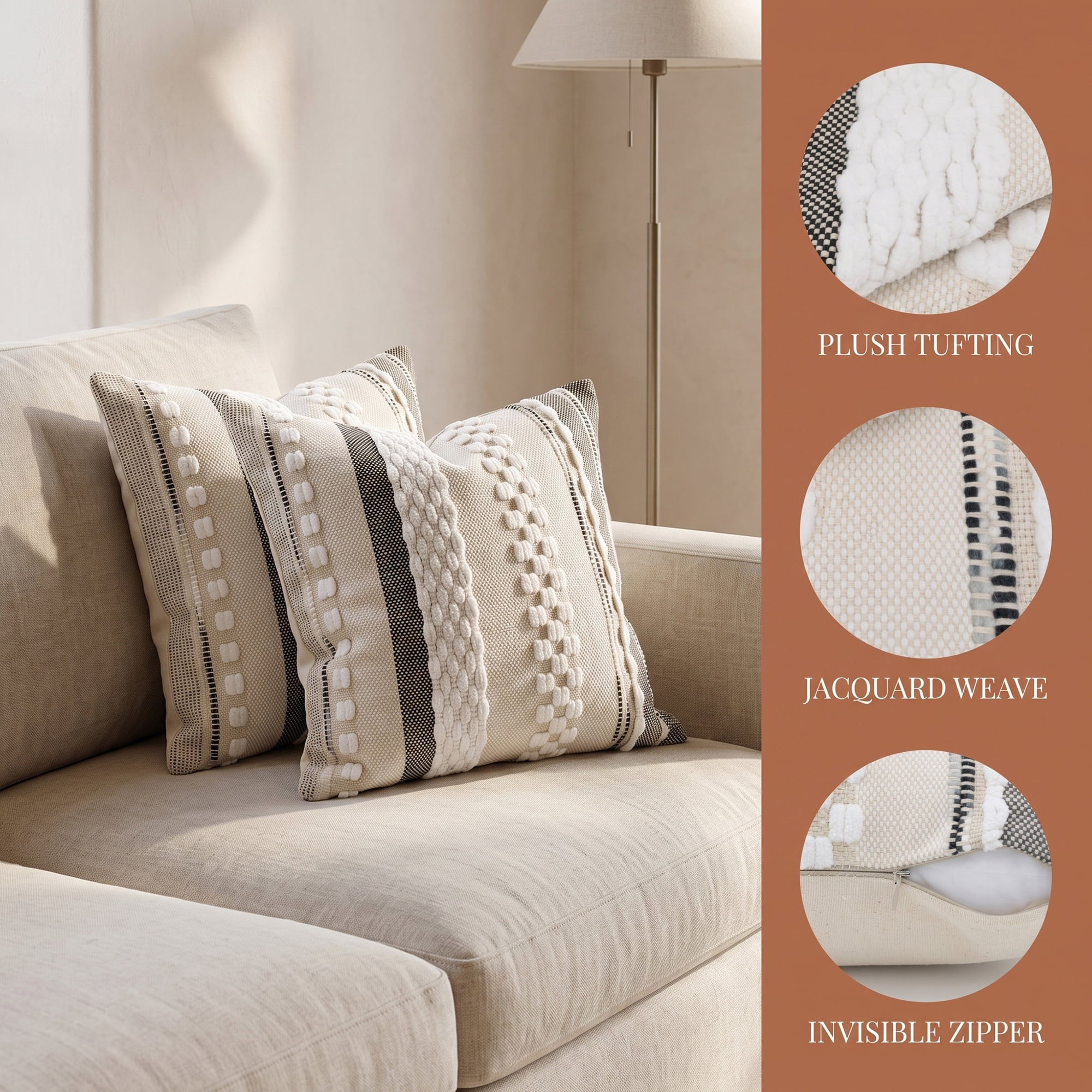 Unique Bargains 3D Chenille Tufted Pillow Cover Grid Stripe Cushion Case Beige 18"x18"