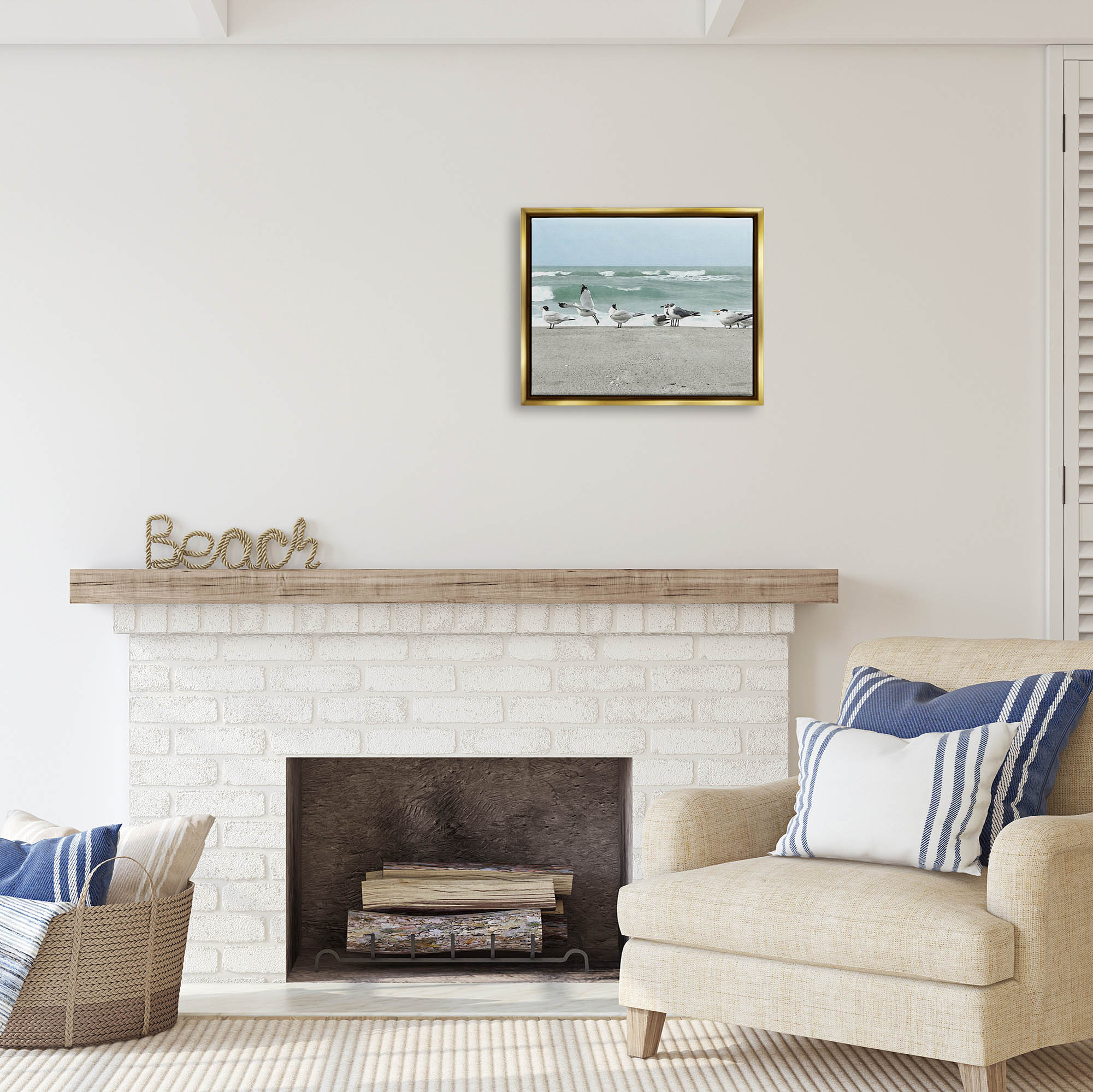 Stupell Industries Birds Gathering On Shore Rolling Ocean Waves Coastal Painting Gold Floater Framed Art Print Wall Art
