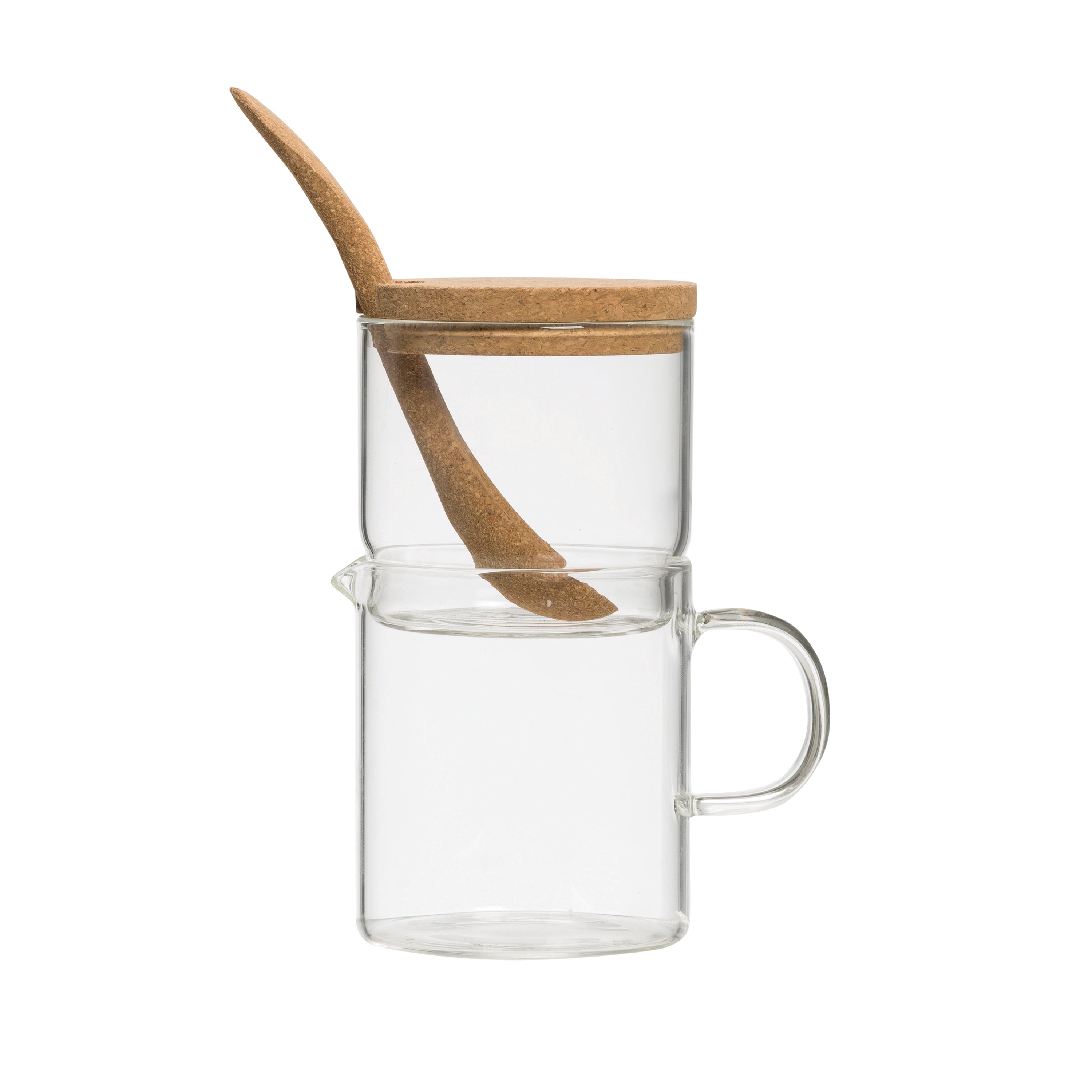 Creative CoOp Stackable Clear Glass Sugar & Creamer with Cork Lid & Spoon (Set of 3 Pieces