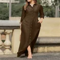 thumbnail image 1 of SpringSummer Women's L-5XL Plus Size Elegant Neutral Style Cotton Linen Long Dress Long Sleeved Lapel Solid Color Loose Casual, 1 of 5