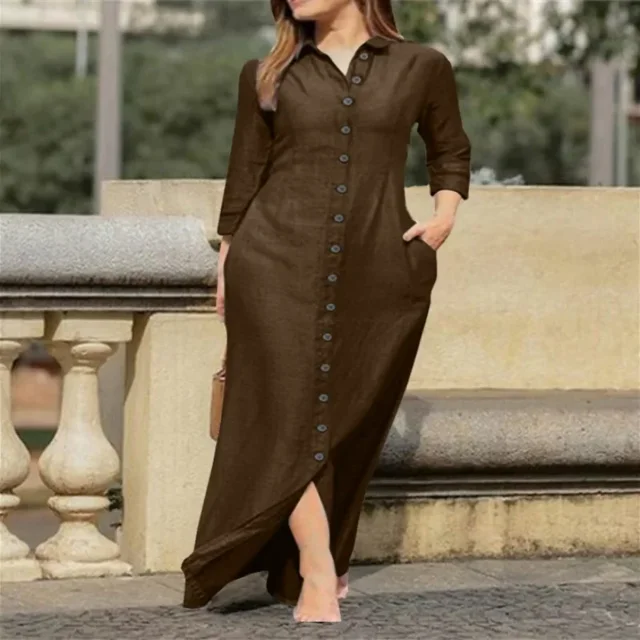 SpringSummer Women's L-5XL Plus Size Elegant Neutral Style Cotton Linen Long Dress Long Sleeved Lapel Solid Color Loose Casual