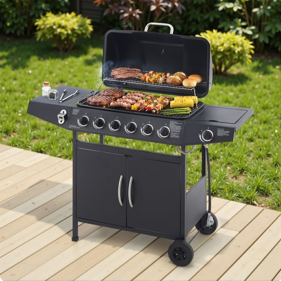 6 Burner Propane Gas Grill, 59000 BTU, with Side Burner, Enamel Grates, Warming Rack & Side Tables, Outdoor BBQ Grill for Patio Backyard, Black