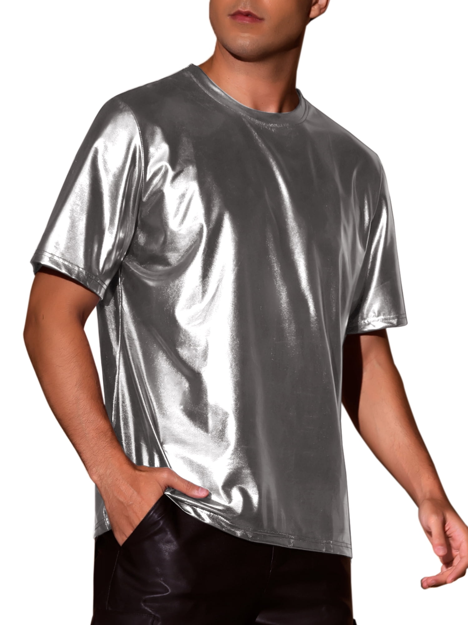 INSPIRE CHIC Holographic T-Shirts for Men's Crew Neck Short Sleeved Party Disco Shiny t Shirt XL Gray
