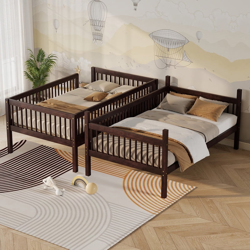 Twin-Over-Twin Size Convertible Kids Bunk Bed into 2 Platform Beds, Teens Wood Bed Frame with Ladder and Safety Guardrails