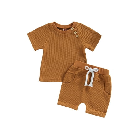 

Diconna Baby Boys Girls Summer Outfits Short Sleeve Waffle Knit T-Shirt + Knot Front Shorts Kids Clothing Set Caramel 12-18 Months