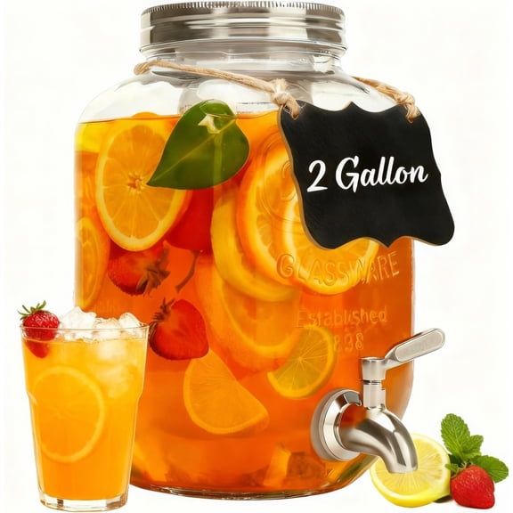 2 Gallon Glass Mason Jar Beverage Dispenser with 18/8 Stainless Steel Spigot