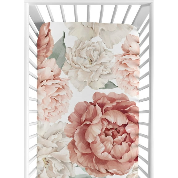 Sweet Jojo Designs Peony Floral Garden Flower Pink and Ivory Fitted Crib Sheet