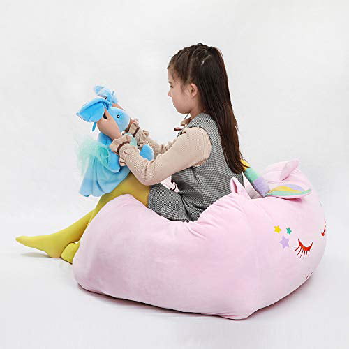 Unicorn Stuffed Animal Toy Storage Kids Bean Bag Chair Cover Large Size  24X24 Inch Velvet Extra Soft Stuffed Organization Replace Mesh Toy Hammock  For 