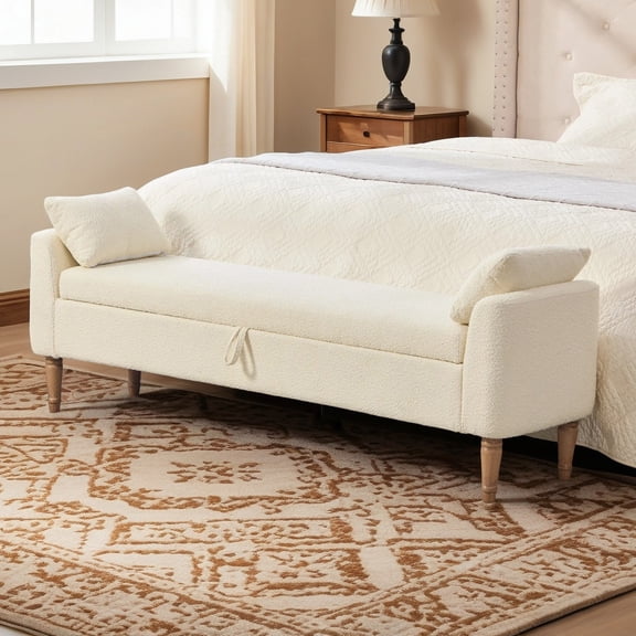 Shaiaield 66" Beige King Size End of Bed Bench with Armrests&Backrest&2 Bolster Pillows,Upholstered Under Window Bench With Rubber wood Legs,Modern Bed Bench For Living Room,Bedroom