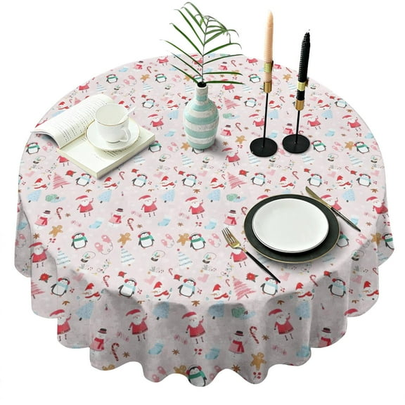 Pink Christmas Santa and Penguin Pattern Round Tablecloth 60"x60",Wrinkle Wipeable Table Cloth for Kitchen Dining Room Picnic Patio Party