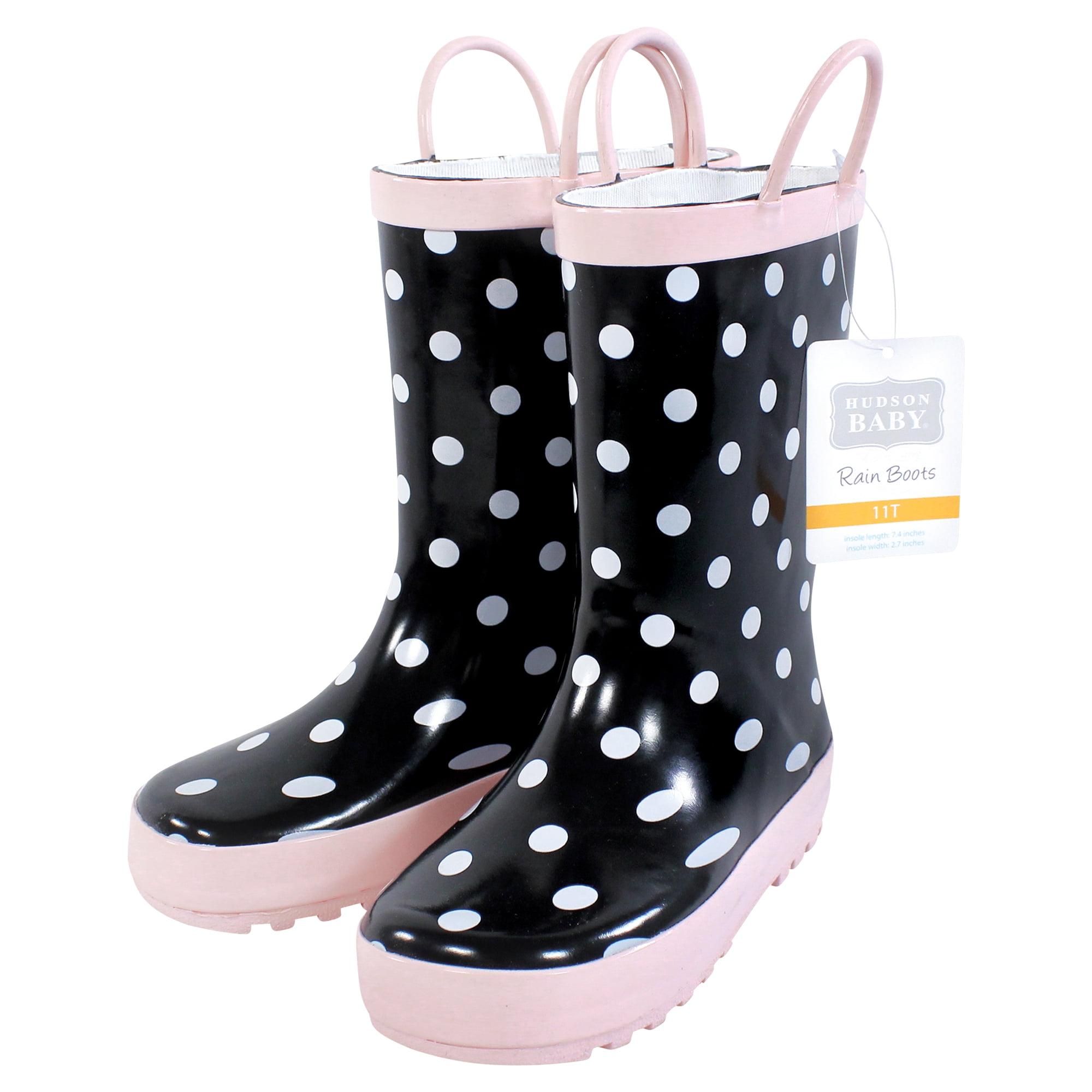 Hudson Baby Infant Girl Rain Boots, Black Dot Pink, 7 Toddler