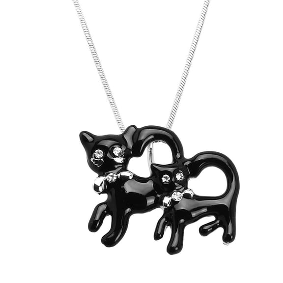 Black Cat Pendant Necklace Rhinestone Crystal Rhodium Plated 17 Inch Snake Chain J0600