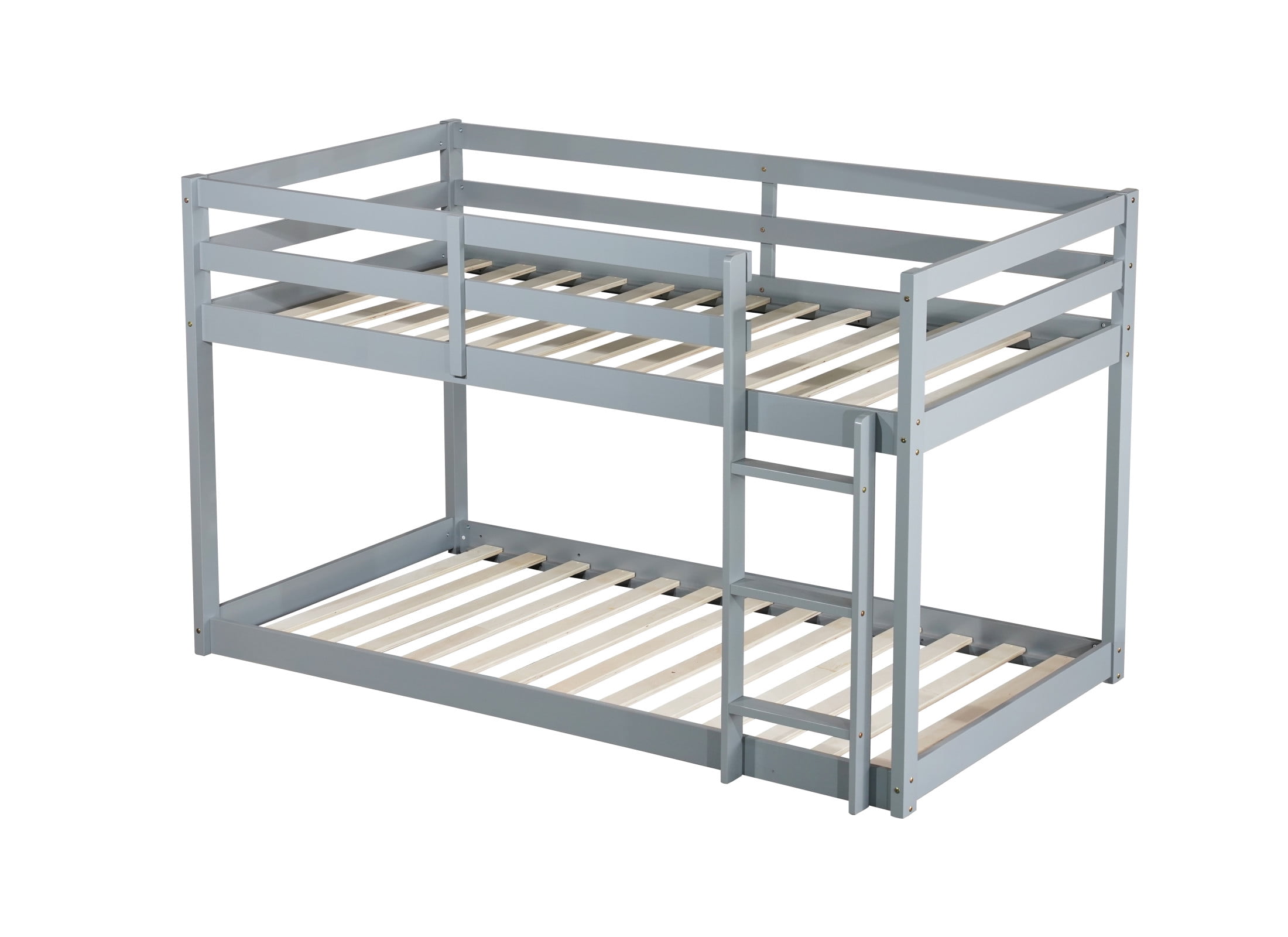Noble House Alina Twin Over Twin Floor Bunk Bed with Ladder, Solid Rubber Wood Frame with Strengthened Slats, Grey