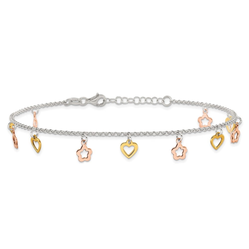 Auriga 925 Sterling Silver, Gold and Rose-Tone Heart Flower Anklet 9inch for Women