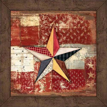 Primitive Folk Art Painting - Rustic Americana Patchwork Star Wood Grain Primitive Patterned Panels Painting Red & Brown Canvas Art by Pied Piper Creative