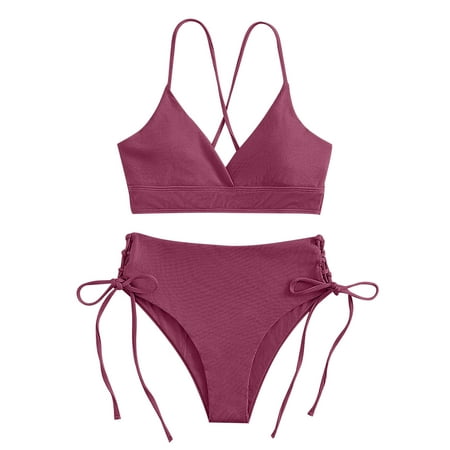 ZQGJB Bikini Set for Women Ribbed Two Piece Swimsuits Strappy V Neck Adjustable Spaghetti Straps High Waisted Bottom Tummy Control Side Tie Knot Bathing Suit Purple M