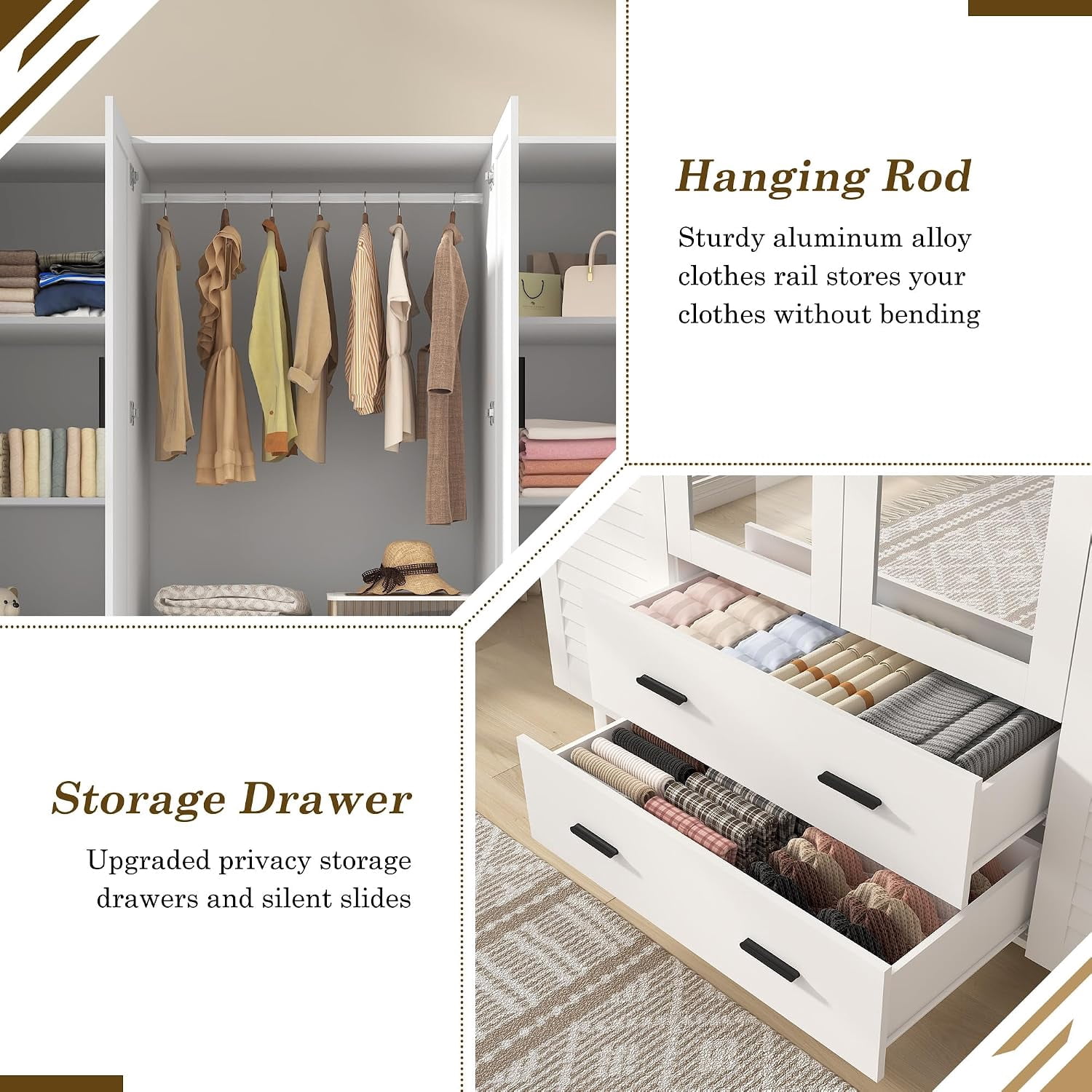 Blotout 70" Armoire Wardrobe Closet with Mirror & LED Lights, 4 Door Wardrobe Armoire with 2 Large Drawers, LED Wood Armoire Storage with Hanging Rods and Multi-Layer Shelves(White)