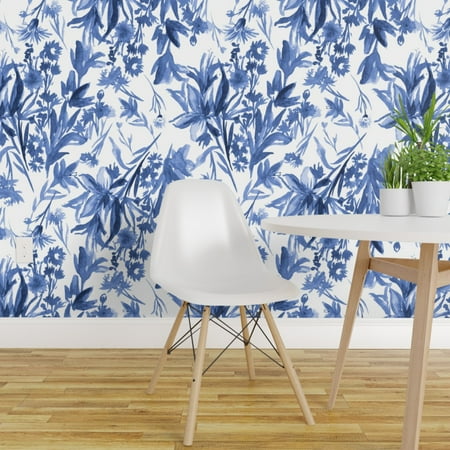 Removable Water Activated Wallpaper Painterly Blue White Floral Cool Colors