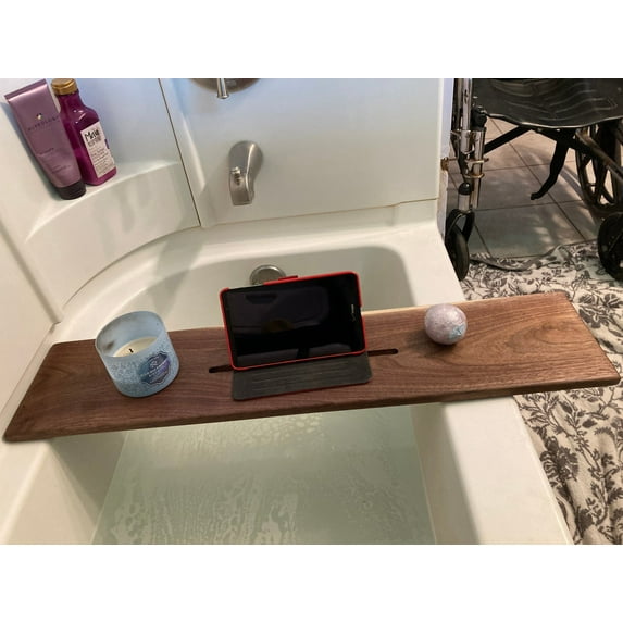 Stumps Custom Wood Handcrafted Solid Walnut Bathtub Tray - Luxurious Bath Accessory for Relaxation and Self-Care 28 Inches Length x 6-9 Inches Width Tablet Slot