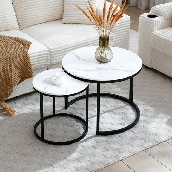 S-HOME Set of 2 Circular Round Coffee Table Nesting in White and Gray Top with Black Frame for Modern Living Room and Bedroom