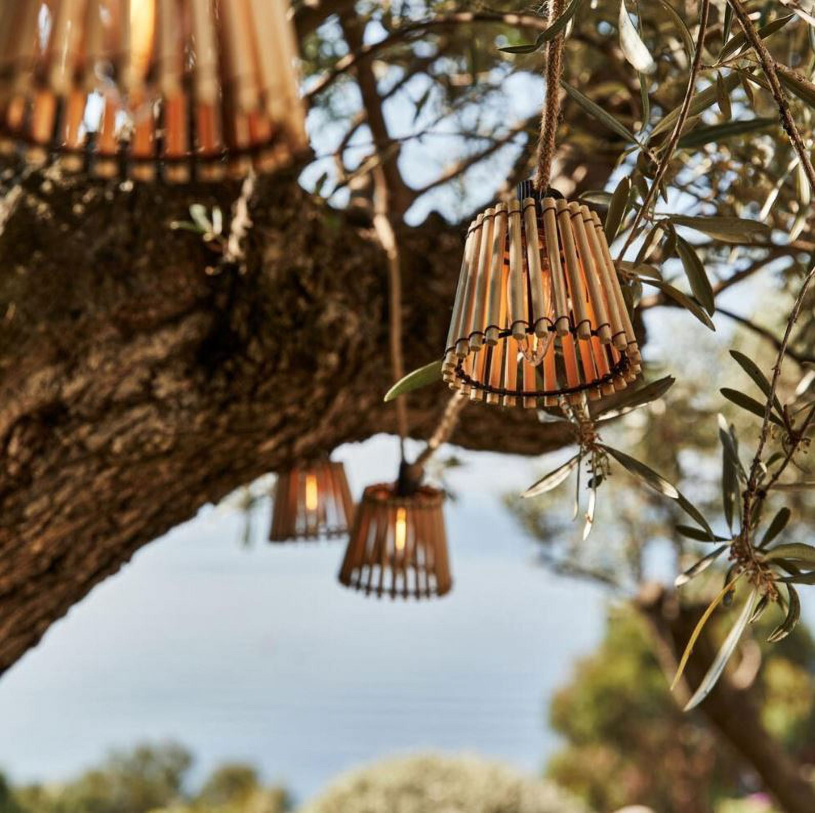 Newgarden Outdoor Shaded String Light Okinawa, Solar, Jute Cable 26 ft 10x 15-Lumen LED Handmade, 2 Watts, Natural Bamboo