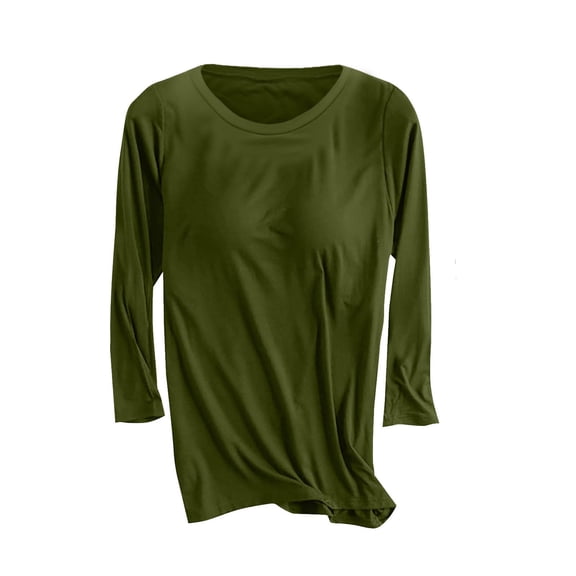 Olyvenn Women Seamless Built-in Bra 3/4 Sleeve Shirts Crewneck Slim Fit Basic Tee Tops Casual Base Layer Undershirts T-Shirts Army Green XL