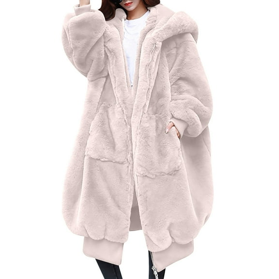 Women's Oversized Fluffy Faux Fur Coat Long Sleeve Hooded Winter Jacket with Pockets Warm and Stylish Outerwear