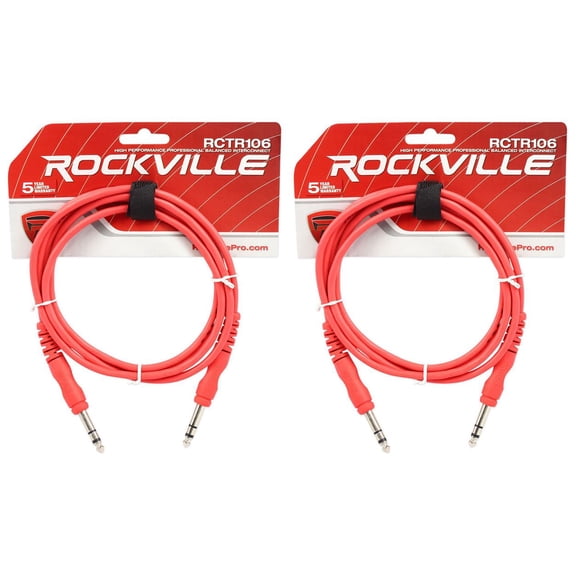 2 Rockville RCTR106R Red 6' 1/4'' TRS to 1/4'' TRS Cable 100% Copper