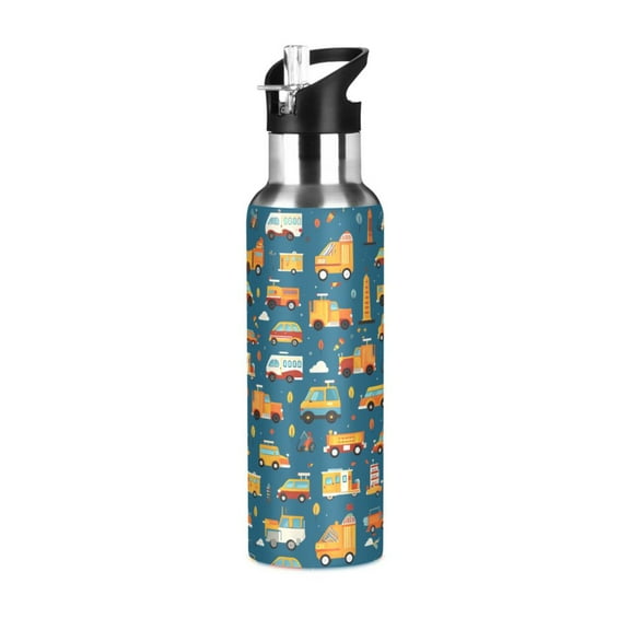 Cartoon Truck Cars Water Bottles Insulated Thermos Kids Stainless Steel Bottle with Straw Lid Flask Leakproof for Sports Gym 20 oz