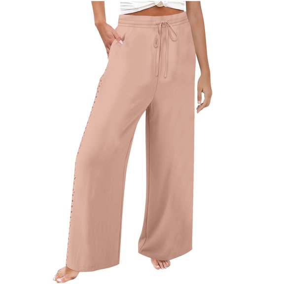 Wide Leg Pants for Women Linen Elasticated Waist Drawstring Long Pants Straight Lounge Pant Casual Loose High Waisted Palazzo Loose Fit Fall Trouser with Pockets S-XXL