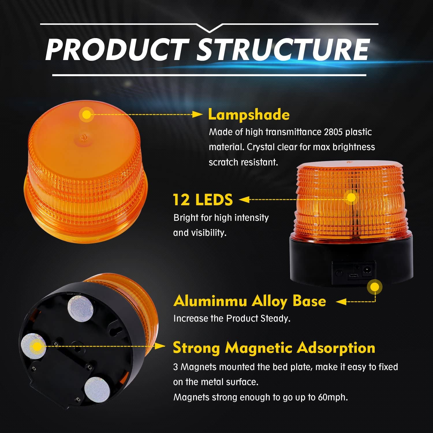 Big Ant Amber 48 LED Warning Lights Safety Flashing Strobe Lights with Magnetic for Most Vehicle Trucks Cars LED Strobe Light Law Enforcement Emergency Hazard Beacon Caution Warning Snow Plow 