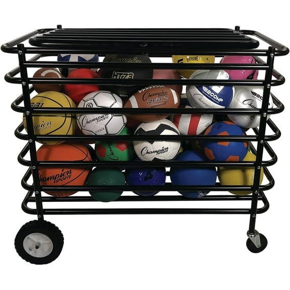 Champion Sports Ultimate Lockable Ball Locker – Heavy Duty Powder Coated Steel Ball Locker with Swivel Caster and Rear Wheels – Hinged Lid - Holds Up to 30 Balls – Black