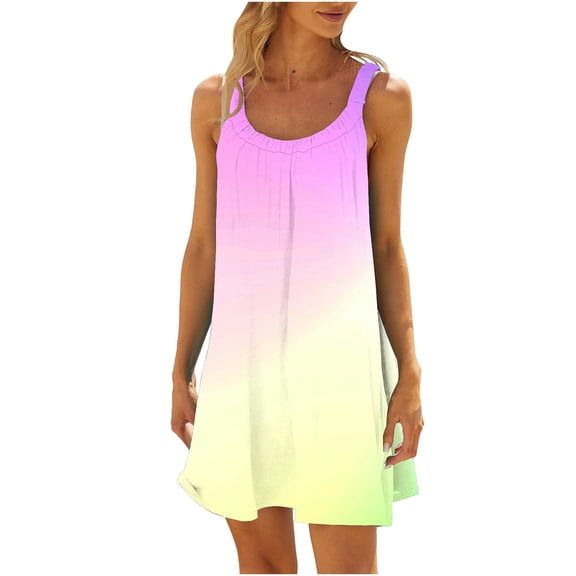 Patlollav Travel Dress for Women, Women's Sleeveless Dresses Round Neck Gradient Tie-Dye Summer Beach Dress