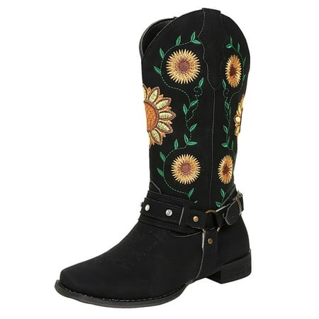 

TOYFUNNY Womens Round Toe Leather Square Heel Vintage Embroidered Sunflower Print Buckle Boots