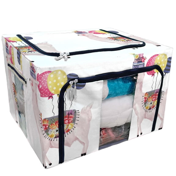 PKQWTM Llama Alpaca Birthday Cake Balloons Blanket Floral Storage Bag Clear Window Storage Bins Boxes Large Capacity Foldable Stackable Organizer With Steel Metal Frame For Clothes,Closets, Bedrooms