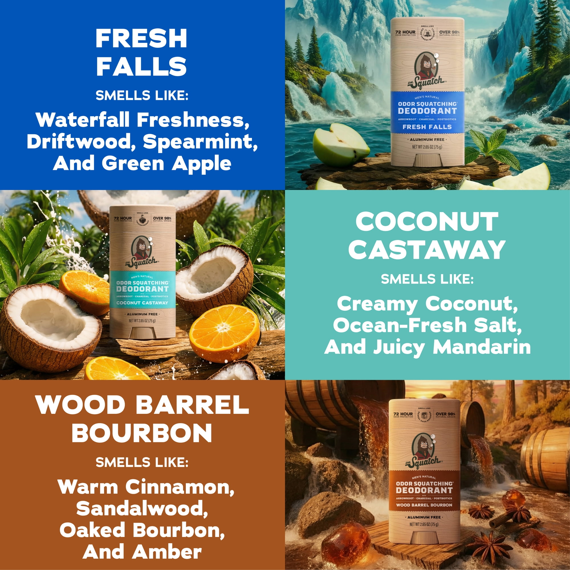 Dr. Squatch Mens Aluminum Free Deodorant Set, Natural Deodorant for Men, Fresh Falls + Wood Barrel Bourbon + Coconut Castaway, 2.65 oz, 3 Pack