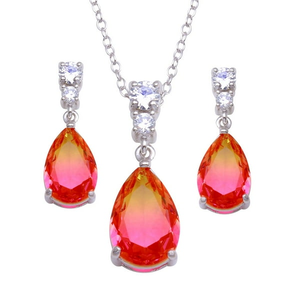 Teardrop Orange Pink And Clear Cubic Zirconia Dangling Matching Set Sterling Silver