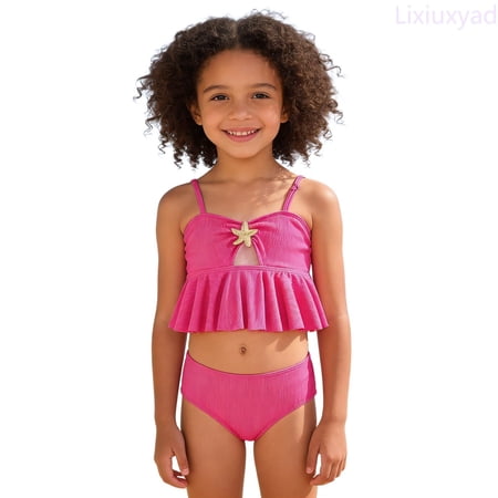 Lixiuxyad Girls Swimsuit Adjustable Straps Cut Out Swimwear 2 Piece Solid Color Tankini for Girls Bathing Suit for Teens Sizes 5-6 Years